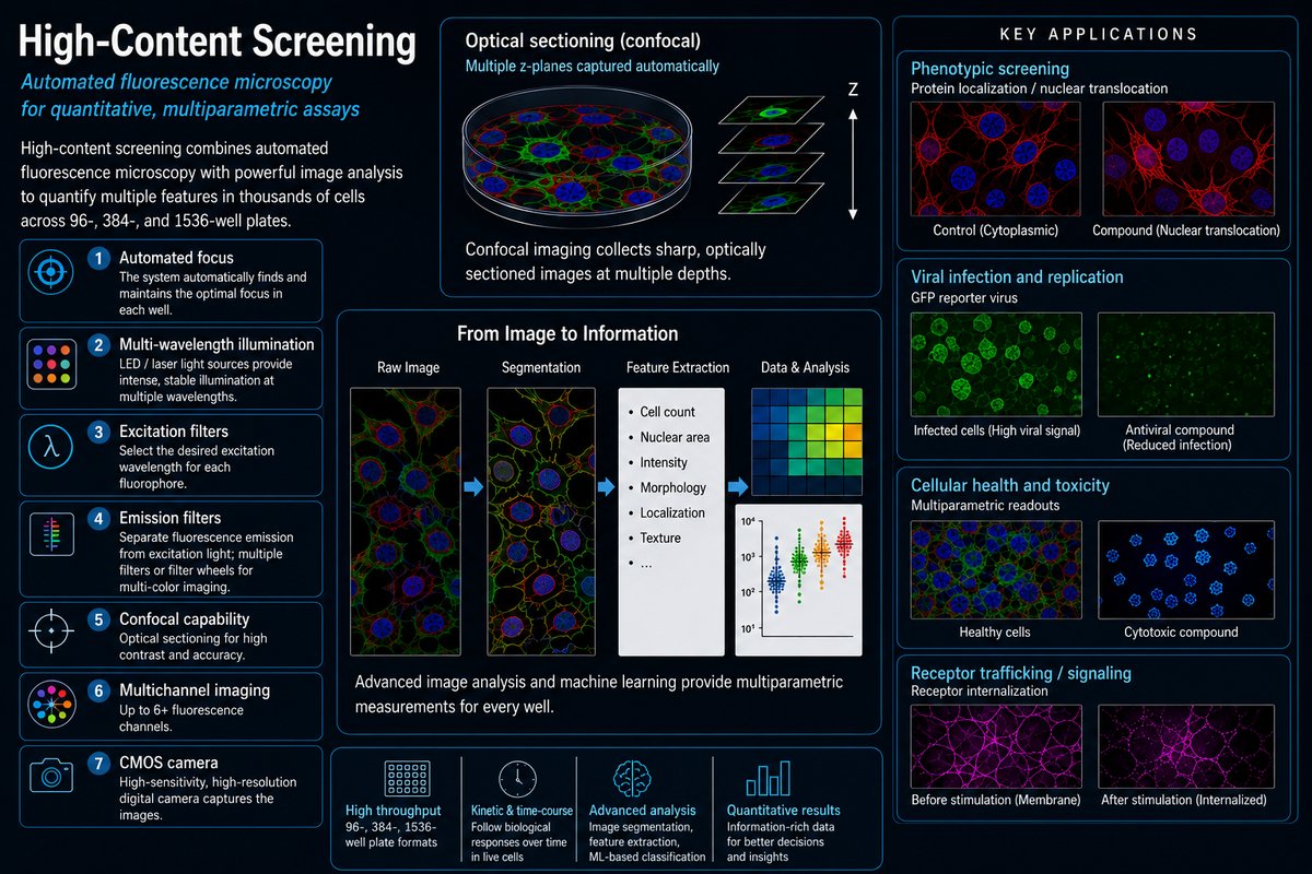 High-content screening combines automated fluorescence microscopy with quantitative image analysis to measure these complex biological responses. Instead of recording a single value from each well, high-content assays can capture multiple features simultaneously and analyze them at the level of individual cells and subcellular structures.