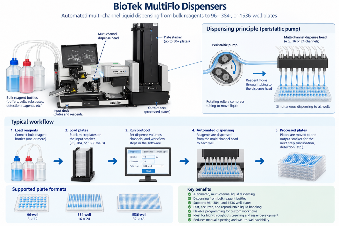 Automated liquid dispensing for rapid, reproducible reagent addition and higher-throughput microplate processing.