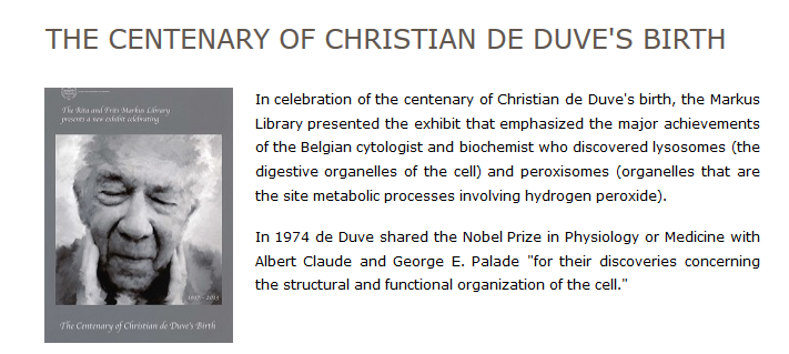 The Centenary of Christian de Duve's Birth