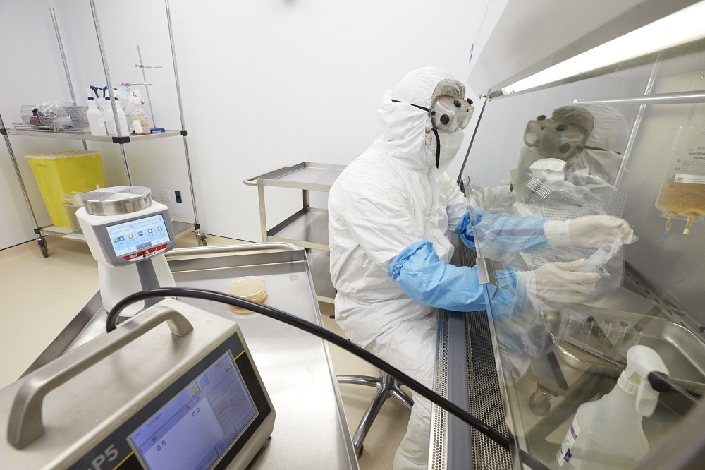 Rockefeller pharmacist in the clean room where sterile injectable drugs are prepared.