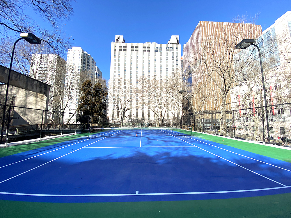 Blue and green sport court at Rockefeller University