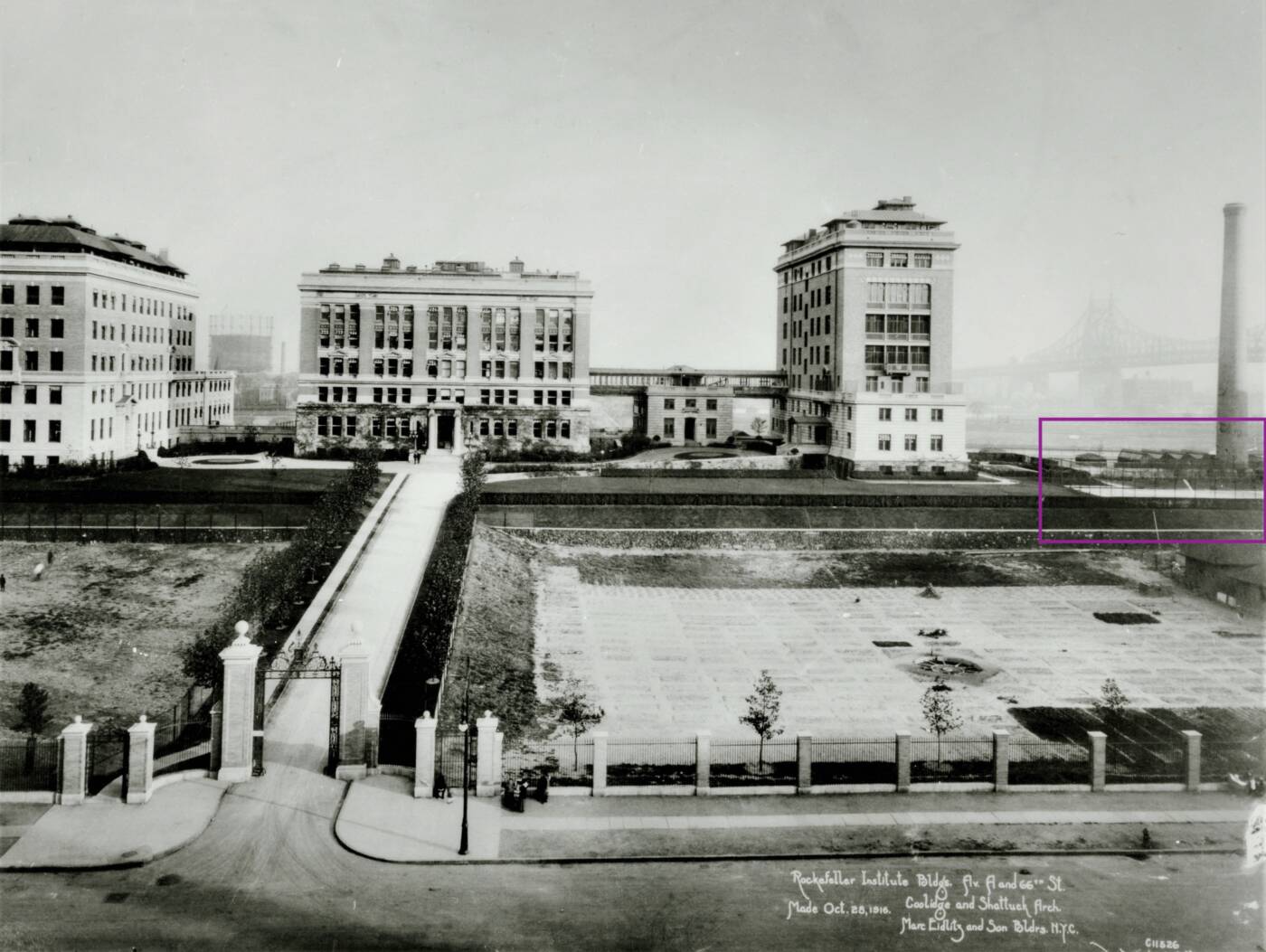 1916 photo of Rockfeller Institute with tennis court highlighted