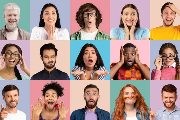 A grid of people making different facial expressions