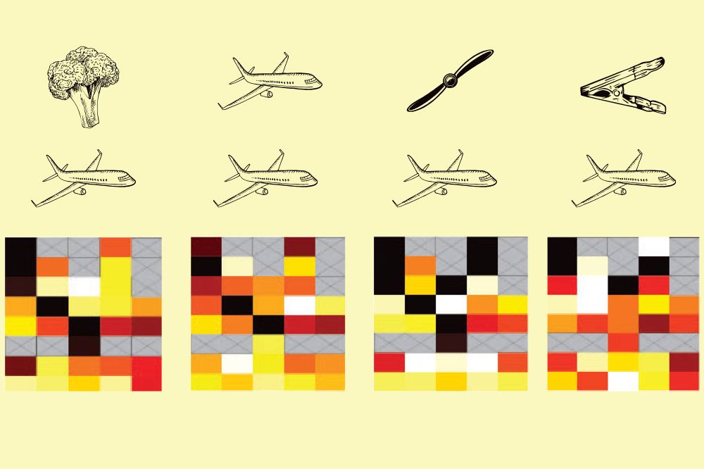 illustrations of broccoli, planes, a propeller and a clothes pin, along with multicolored squares indicating neural activity, on a yellow background