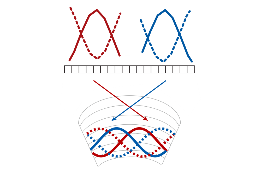 Figure illustrating how populations of neurons can invert vectors, encoded as sinusoids, using dual signaling capabilities. (Credit: Maimon lab)