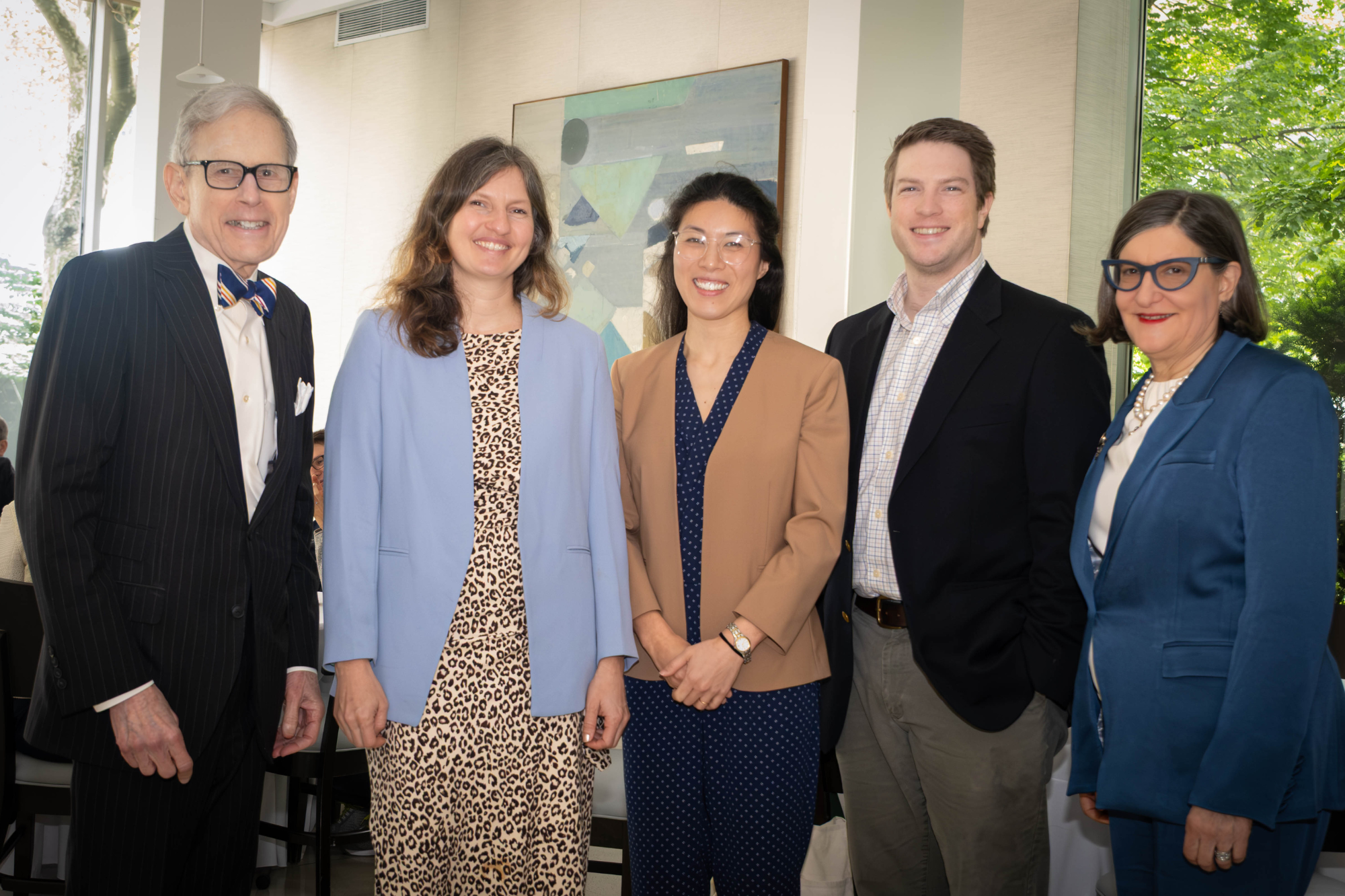 From left to right: Barry Coller (co-director), Laura Berneking (chief scholar 2026 to 2027), Julia Wu (chief scholar 2025 to 2026), Neil Neumann (chief scholar 2026 to 2027), and Sarah Schlesinger (co-director). (Credit: Lori Chertoff)